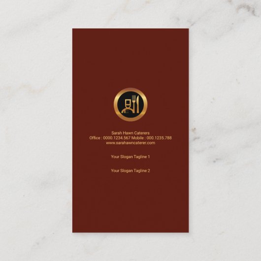 あずき色のウェイターのスーツの金フォークのナイフのスプーン 名刺 (裏面)