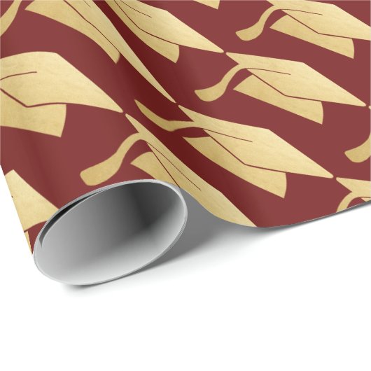 あずき色のフェイクな金ゴールドホイルの卒業の帽子パターン ラッピングペーパー (ロールコーナー)
