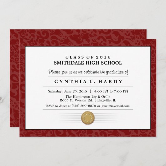 あずき色の赤いボーダー免状の卒業の招待状 招待状 (正面/裏面)