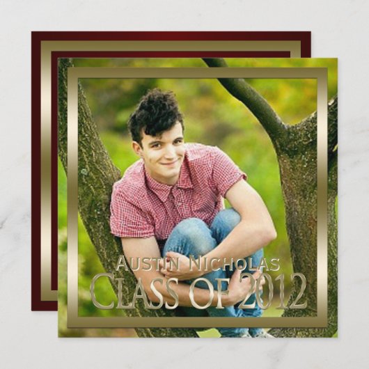 あずき色の金ゴールドのモノグラムの全ページの写真の卒業 招待状 (正面/裏面)