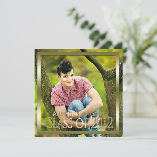 あずき色の金ゴールドのモノグラムの全ページの写真の卒業 招待状 (スタンド正面)