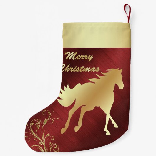 あずき色またはワインの背景の西部の金ゴールドの馬 スモールクリスマスストッキング (裏面)