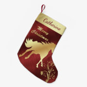 あずき色またはワインの背景の西部の金ゴールドの馬 スモールクリスマスストッキング (正面 (吊り時))
