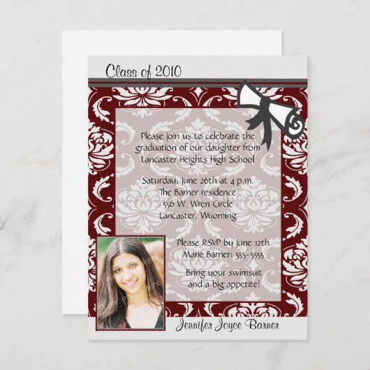 あずき色及び灰色のダマスク織の写真の卒業の招待状 招待状 (正面/裏面)