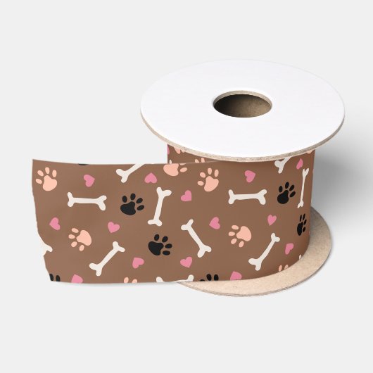 あたたかいブラウンに犬の足跡と骨とハート サテンリボン (リール)