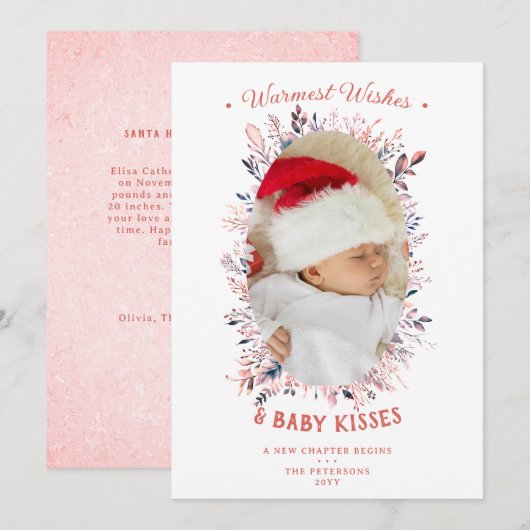 あたたかい願いと赤ちゃんのキス ホリデー ピンク アナウンスメント シーズンカード (正面/裏面)