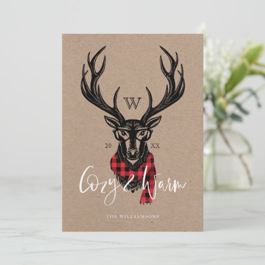 あたたかくて居心地がいい | 赤いバッファロープレイドのサンタのトナカイモノグラム シーズンカード (スタンド正面)