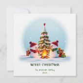 あたたかなクリスマスの喜び、雪だるまとツリーのホリデーカード シーズンカード (正面)