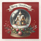 あたたかなクリスマスの雪の地球儀の別荘の情景 ガラスコースター (正面)