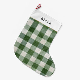あたたかなクリーム色と緑のチェックストライプ クリスマス ラージクリスマスストッキング