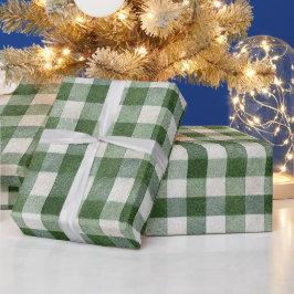 あたたかなクリーム色+グリーンのチェック+ストライプ クリスマス ラッピングペーパー