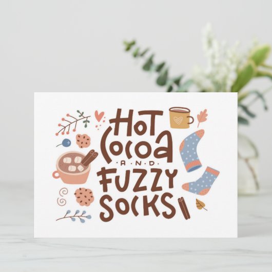 あたたかなホットココアとフワフワ靴下のデザイン カード (スタンド正面)