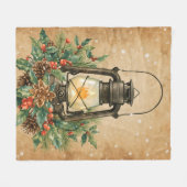 あたたかなランタンクリスマスヒイラギモミの木の風情あるおしゃれな  フリースブランケット (正面(横))