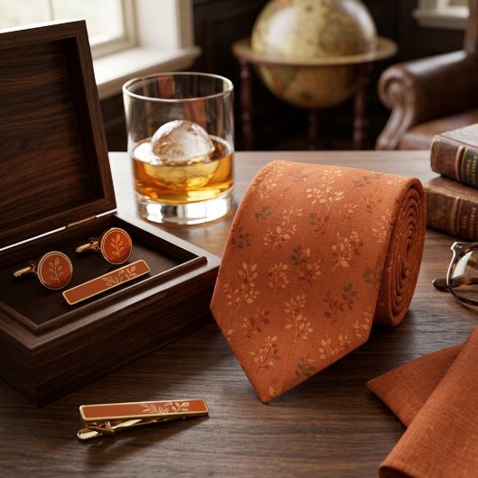 あたたかなルーラルオレンジの葉模様 ネクタイ