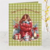 あたたかな冬のクリスマス　オリーブグリーンの女の子のグリーティング カード (黄色い花)