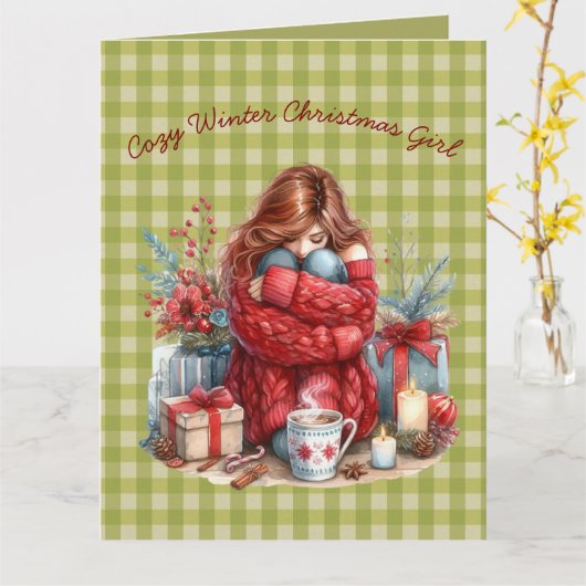 あたたかな冬のクリスマス　オリーブグリーンの女の子のグリーティング カード (黄色い花)