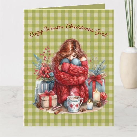 あたたかな冬のクリスマス　オリーブグリーンの女の子のグリーティング カード (正面)