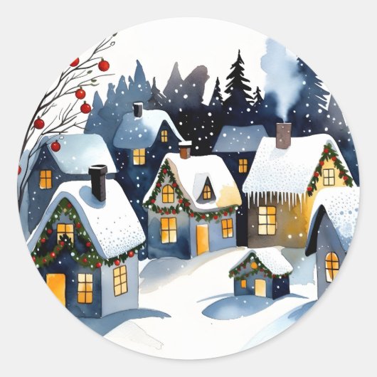 あたたかな冬の村の水彩クリスマス ラウンドシール (正面)