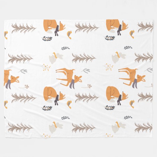 あたたかな冬の森の動物たちを描いたフォークアート風クリスマス フリースブランケット (正面(横))