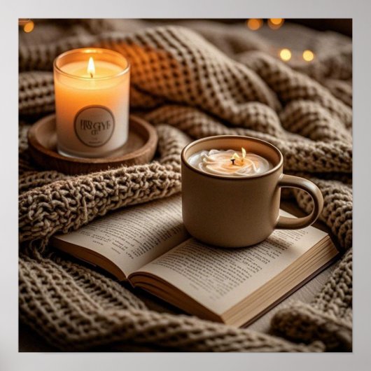 あたたかな夜のひとときを灯すキャンドルとブランケット ポスター (正面)