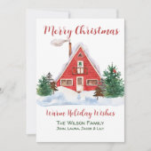 あたたかな小屋の赤いカーディナル 緑の松の木の小人 オーダーメイド シーズンカード (正面)