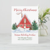 あたたかな小屋の赤いカーディナル 緑の松の木の小人 オーダーメイド シーズンカード (スタンド正面)