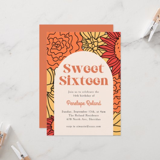 あたたかな色彩の大きな花のアーチ スイート16 招待状 (正面/裏面インサイチュ)