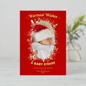 あたたかな願い ベビーのキス 赤い花のホリデー写真 箔シーズンカード (立ち正面)