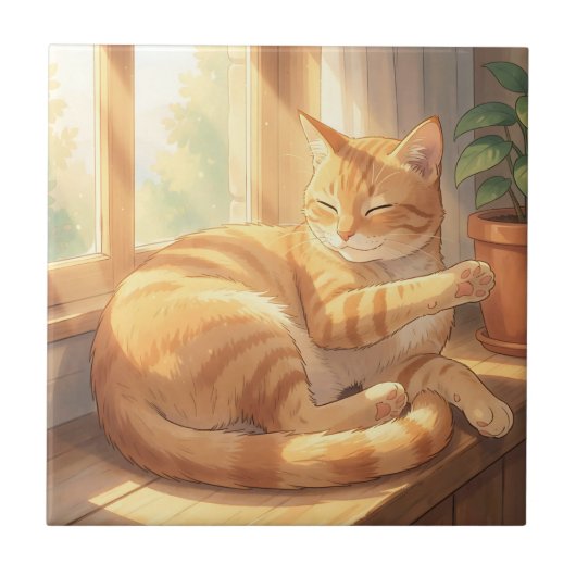 あったかいジンジャータビー猫のひなたぼっこ タイル (正面)