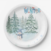 あったかい冬の雪だるまの誕生日紙皿 ペーパープレート (正面)