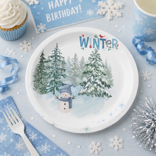 あったかい冬の雪だるまの誕生日紙皿 ペーパープレート