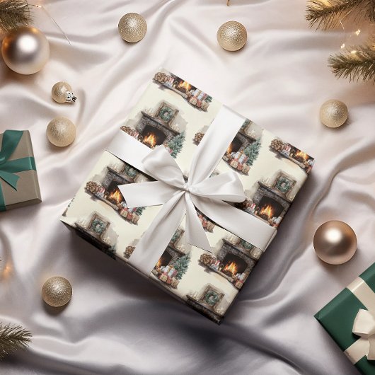 あったかい暖炉のクリスマス包装紙 ラッピングペーパーシート