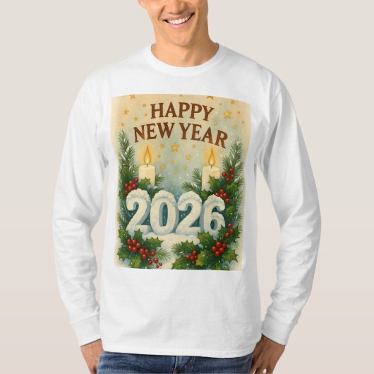 あったかい2026年新年ロングスリーブ Tシャツ (正面)