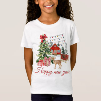 🎄 あったかクリスマスカントリーのコテージと鹿 | 謹賀新年 Tシャツ