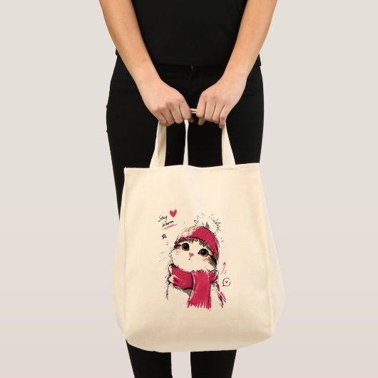 あったか可愛いニット帽とマフラーの猫 トートバッグ (正面(商品))