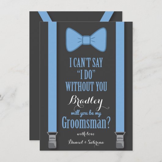 あなたが私のグロムスマンになるかどうか – 青いネクタイのブレース 招待状 (正面/裏面)