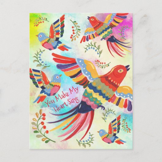 あなたが私の心を歌うようにする フォークアート 鳥 タイダイ ポストカード (正面)