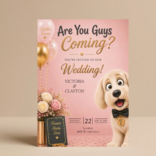 あなたたちも来るの?面白い犬のくすんだピンクの結婚式 招待状