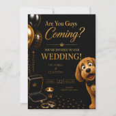 あなたたちも来るの? 高級感ある黒とゴールドの犬の結婚式 招待状 (正面)