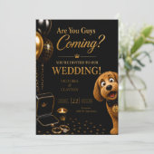 あなたたちも来るの? 高級感ある黒とゴールドの犬の結婚式 招待状 (スタンド正面)