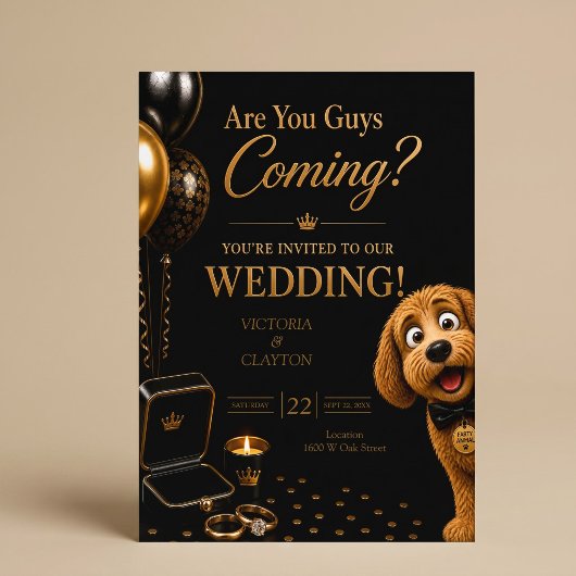 あなたたちも来るの? 高級感ある黒とゴールドの犬の結婚式 招待状
