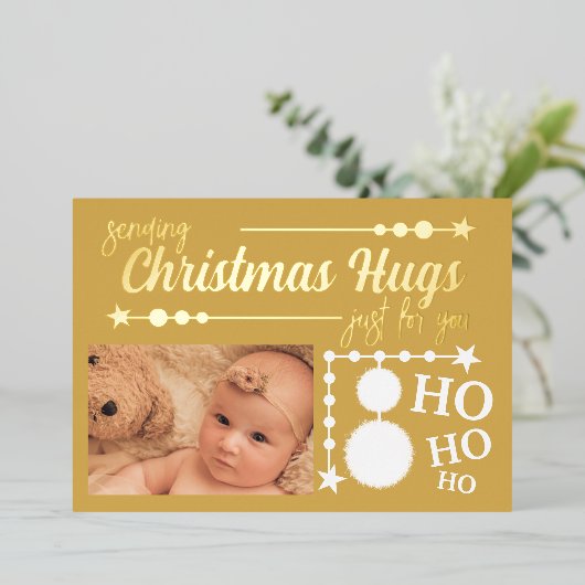 あなただけのためのゴールドホワイトクリスマスハグの写真 箔シーズンカード (立ち正面)