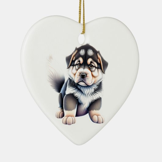 あなただけのアラスカンマラミュートの子犬のハート型 セラミックオーナメント (右)