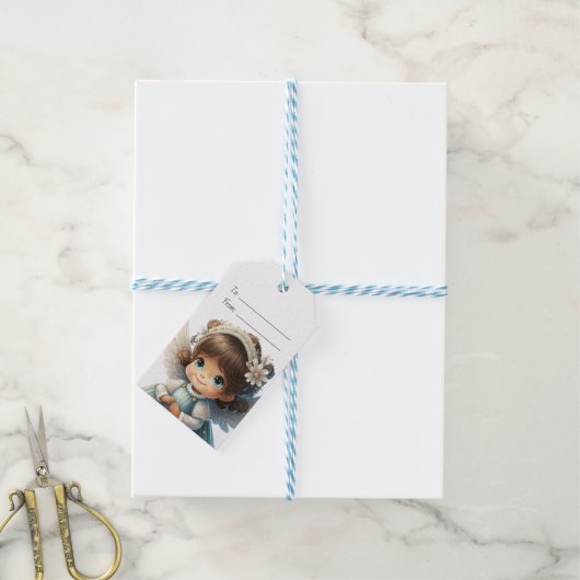 あなただけのキュートな黒髪の少女のクリスマスエンジェルを作ろう ギフトタグ (より糸付き)