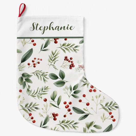 あなただけのクリスマスグリーンと赤い実 ラージクリスマスストッキング (正面)