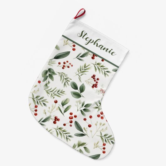 あなただけのクリスマスグリーンと赤い実 ラージクリスマスストッキング (正面 (吊り時))
