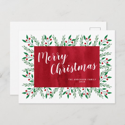 あなただけのクリスマス　赤い水彩花模様 シーズンポストカード (正面/裏面)