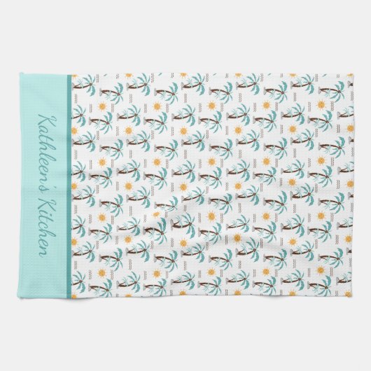 あなただけのトロピカルヤシの木サンシャインターコイズ キッチンタオル (横)