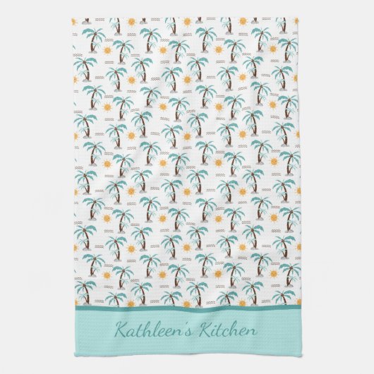 あなただけのトロピカルヤシの木サンシャインターコイズ キッチンタオル (縦)