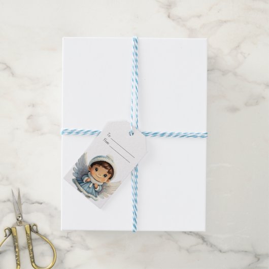 あなただけのブルネット少年青い天使のクリスマスを作りましょう ギフトタグ (より糸付き)